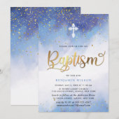 Invitation Baptême Du Garçon Bleu Et Aquarelle Or (Devant / Derrière)