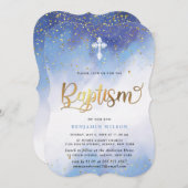 Invitation Baptême Du Garçon Bleu Et Aquarelle Or (Devant / Derrière)