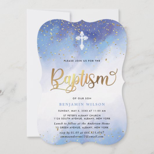 Invitation Baptême Du Garçon Bleu Et Aquarelle Or (Devant)