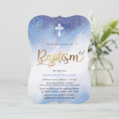 Invitation Baptême Du Garçon Bleu Et Aquarelle Or (Debout devant)