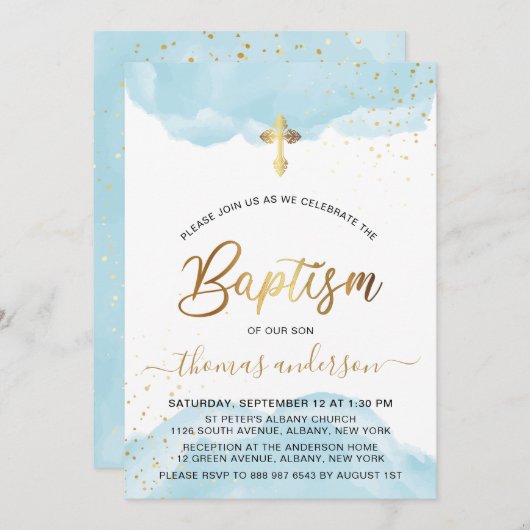 Invitation Baptême Du Garçon D'Aquarelle Dorée Et Bleue (Devant / Derrière)
