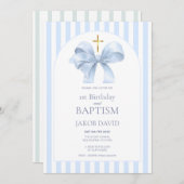 Invitation Baptême du garçon et 1er anniversaire Bleu Bande (Devant / Derrière)