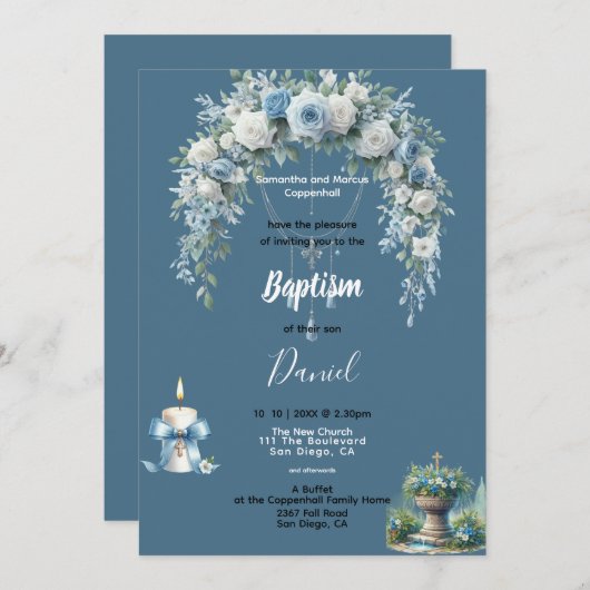 Invitation Baptême du garçon Flore bleue (Devant / Derrière)