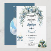 Invitation Baptême du garçon Flore bleue (Devant / Derrière)
