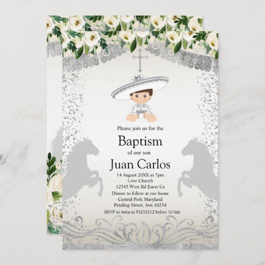 Invitation Baptême du garçon Silver Fiesta (Devant / Derrière)