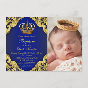 Invitation Baptême du Prince Couronne d'Or Bleu Royal