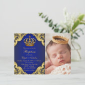 Invitation Baptême du Prince Couronne Or Bleu Royal (Debout devant)