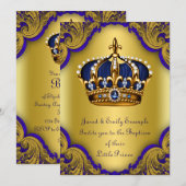 Invitation Baptême du prince héritier garçon Bleu royal et or (Devant / Derrière)