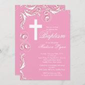 Invitation Baptême d'une fille de la Croix élégante (Devant / Derrière)