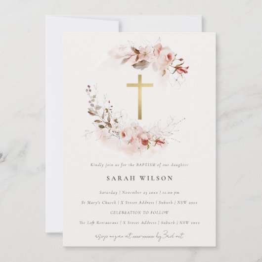 Invitation Baptême Dusky Fall Marsala Blush Floral Cross (Devant)