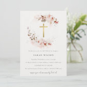 Invitation Baptême Dusky Fall Marsala Blush Floral Cross (Debout devant)