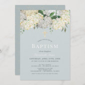 Invitation Baptême Dusty Blue & White Hydrangea (Devant / Derrière)