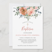 Invitation Baptême Dusty Coral Rose Eucalyptus Christening (Devant)