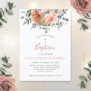 Invitation Baptême Dusty Coral Rose Eucalyptus Christening