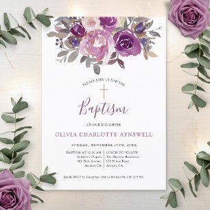 Invitation Baptême Dusty Mauve Purple Botanique Christening