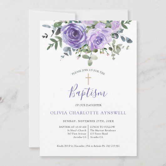 Invitation Baptême Dusty Purple Rose Eucalyptus Christening (Devant)
