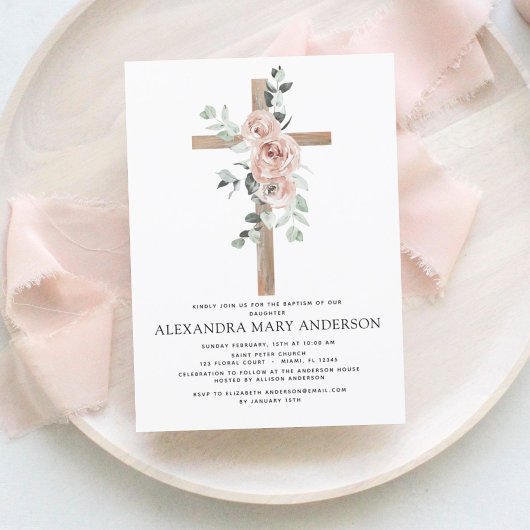 Invitation Baptême Dusty Rose Vert Eucalyptus