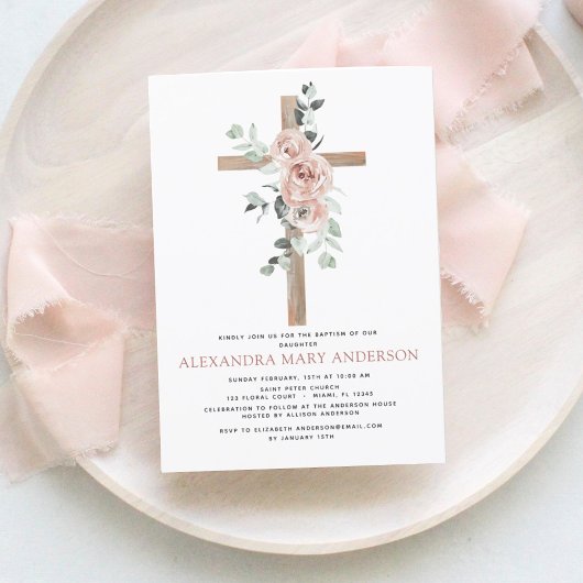 Invitation Baptême Dusty Rose Vert Eucalyptus