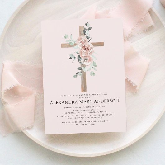 Invitation Baptême Dusty Rose Vert Eucalyptus
