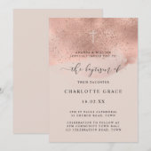 Invitation Baptême écriture pailletée or rose (Devant / Derrière)