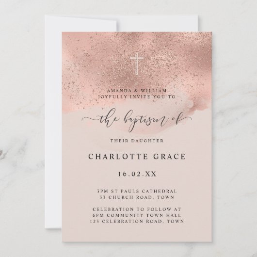 Invitation Baptême écriture scintillement paillettes or rose (Devant)