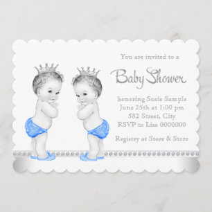 Invitation Baptême élégant argent et bleu pour des jumeaux ga