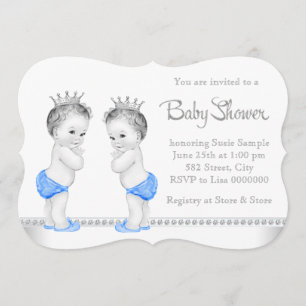Invitation Baptême élégant argent et bleu pour des jumeaux ga