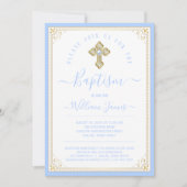Invitation Baptême élégant bébé bleu or garçon (Devant)