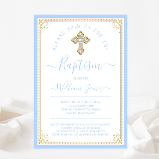 Invitation Baptême élégant bébé bleu or garçon