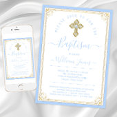 Invitation Baptême élégant bébé bleu or garçon