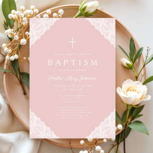 Invitation Baptême élégant bébé fille en dentelle rose