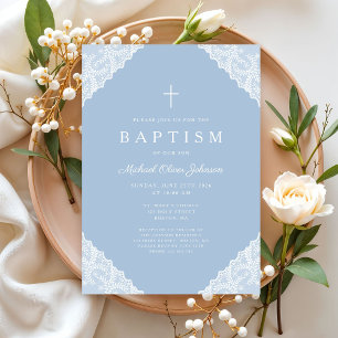 Invitation Baptême élégant bébé garçon bleu en dentelle