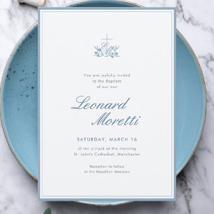 Invitation Baptême élégant bébé garçon bleu poussiéreux Croix