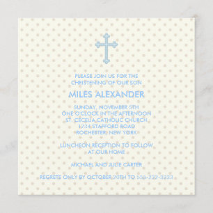 Invitation Baptême élégant beige bleu croix garçons