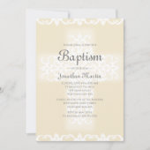 Invitation Baptême Elégant Blanc Beige Damas Croix chrétienne (Devant)