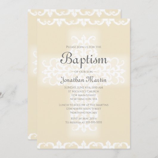 Invitation Baptême Elégant Blanc Beige Damas Croix chrétienne (Devant / Derrière)
