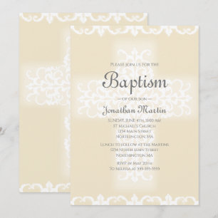 Invitation Baptême Elégant Blanc Beige Damas Croix chrétienne