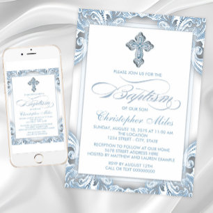 Invitation Baptême élégant bleu argenté