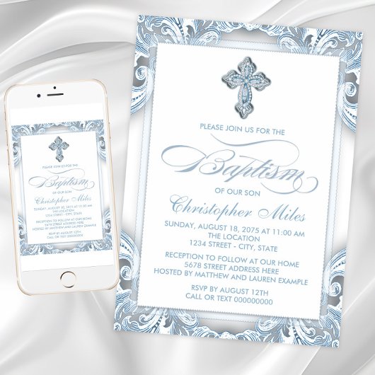 Invitation Baptême élégant bleu argenté