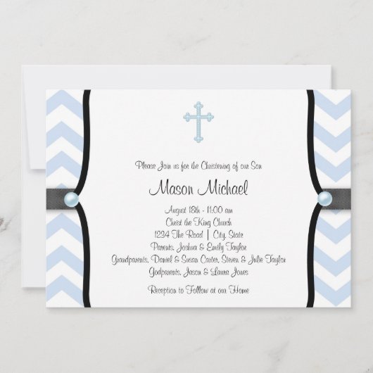 Invitation Baptême élégant bleu chevron (Devant)