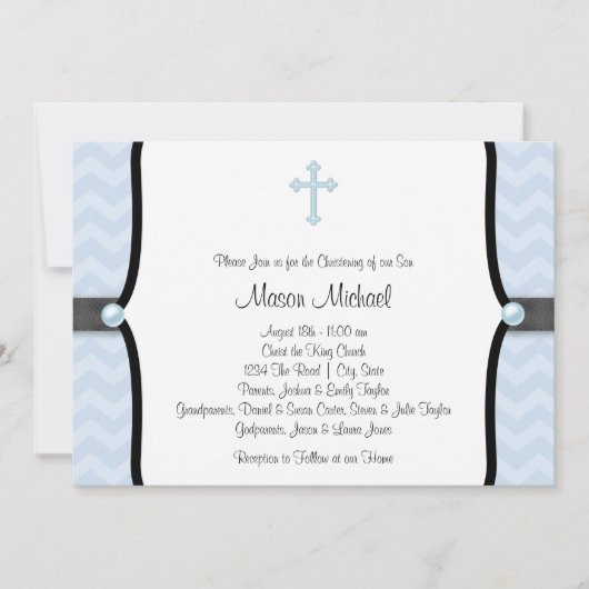 Invitation Baptême élégant bleu chevron (Devant)