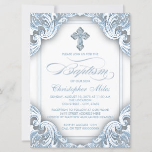Invitation Baptême élégant bleu croix pour garçons