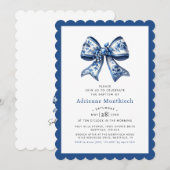 Invitation Baptême Élégant Bleu Floral Bow (Devant / Derrière)