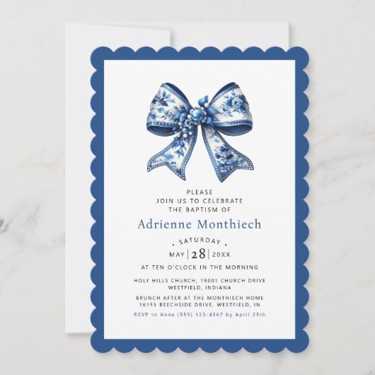 Invitation Baptême Élégant Bleu Floral Bow (Devant)