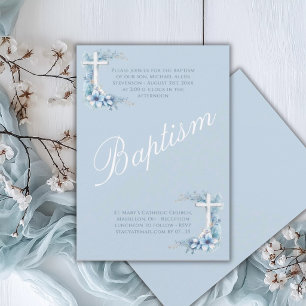Invitation Baptême élégant bleu pour bébé garçon religieux