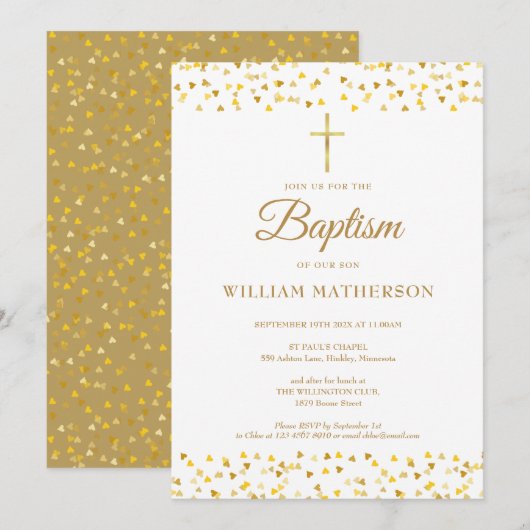 Invitation Baptême élégant coeurs en or (Devant / Derrière)
