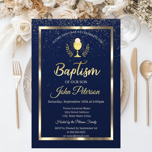 Invitation Baptême élégant confettis bleus