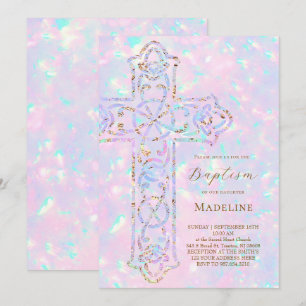 Invitation baptême élégant croix opale