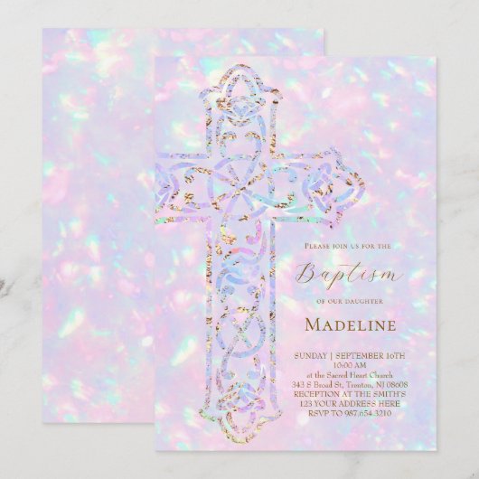Invitation baptême élégant croix opale (Devant / Derrière)