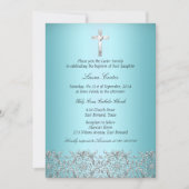 Invitation Baptême élégant Damask & Croix sarcelle (Devant)